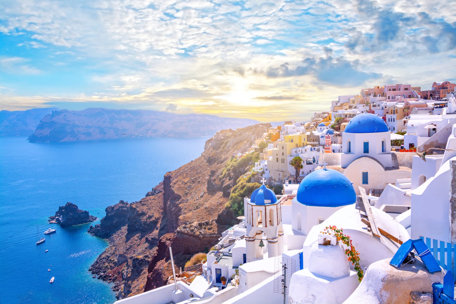 Santorini coastline with blue domes
